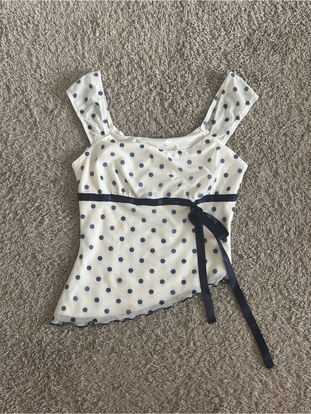 polka dot tied waist navy blue and white top
